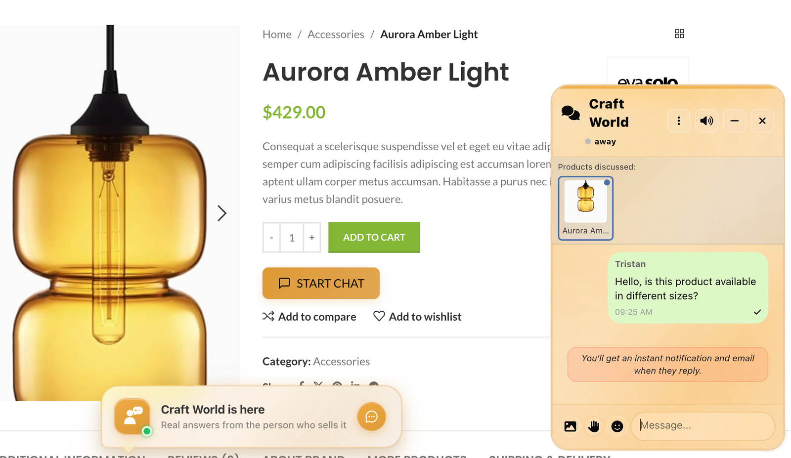 ParlaChat live chat widget on an e-commerce product page